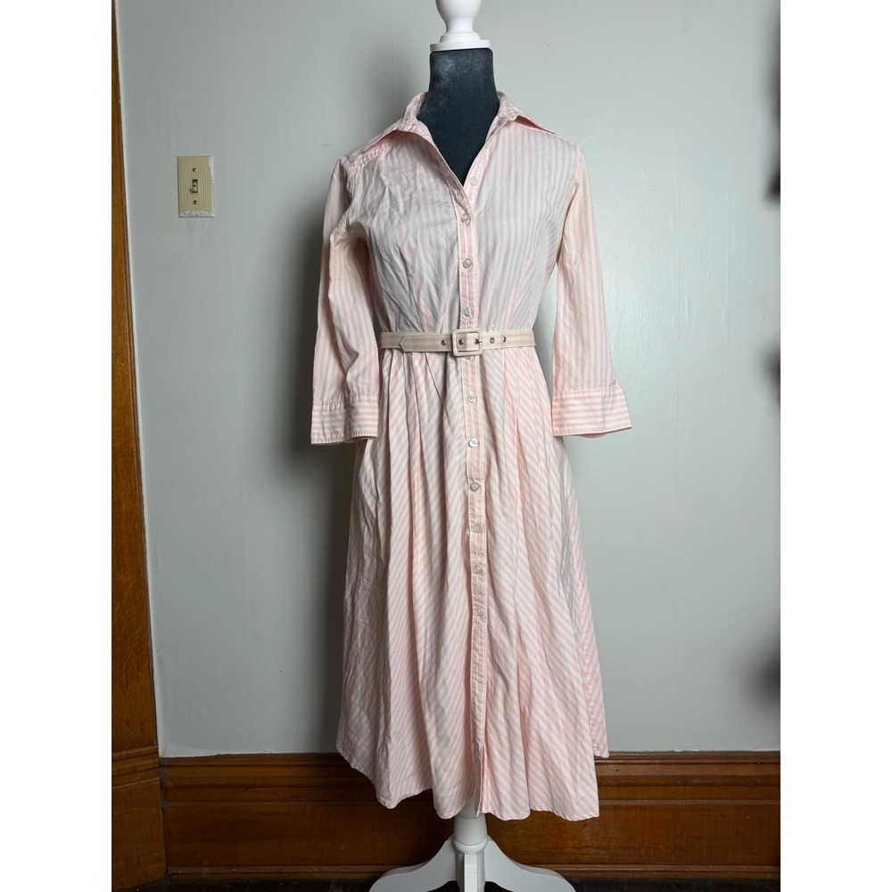 Pink White Striped Belted Midi Shirt Dress old money preppy quiet luxury‎ XS